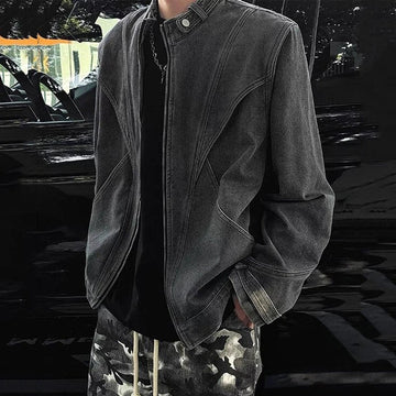 AIDASE  -  Fashion Men's Denim Jacket Personality Patchwork Design Stand Collar Long Sleeve Male Coats Zipper Tide Outerwear 21E7000 aidase-shop